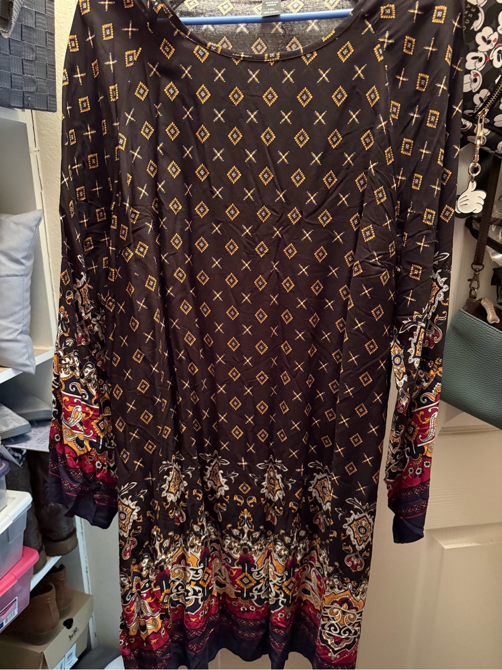 SHEIN Black Long Sleeve Maxi Dress with Gold and Red Border Print
